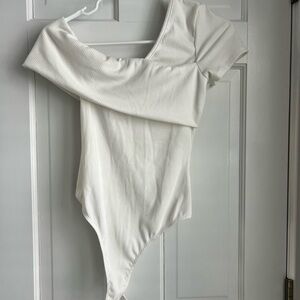 Lulu's Cream Ribbed Off-Shoulder Bodysuit